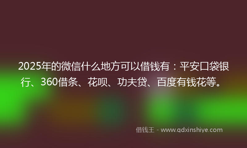 2025年的微信什么地方可以借钱有：平安口袋银行、360借条、花呗、功夫贷、百度有钱花等。