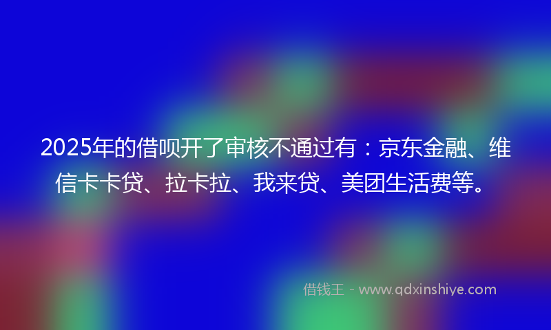 2025年的借呗开了审核不通过有：京东金融、维信卡卡贷、拉卡拉、我来贷、美团生活费等。