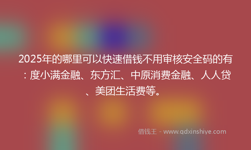 2025年的哪里可以快速借钱不用审核安全码的有：度小满金融、东方汇、中原消费金融、人人贷、美团生活费等。