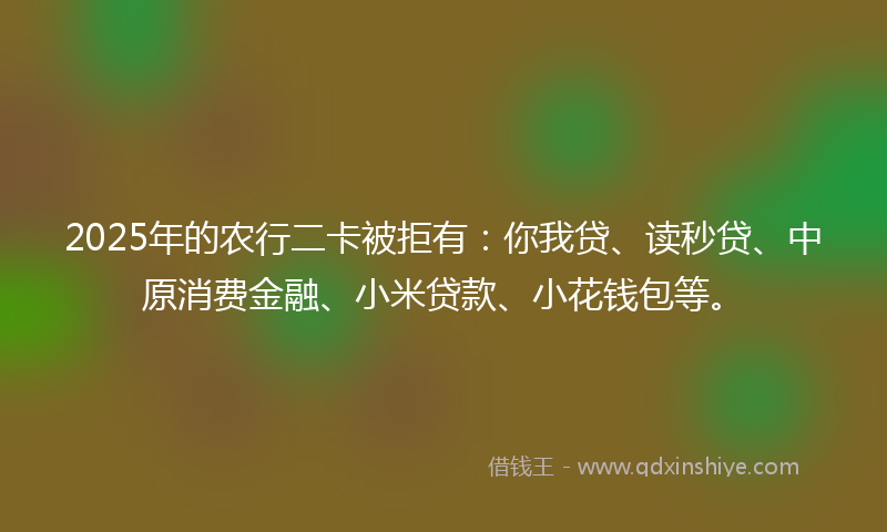 2025年的农行二卡被拒有：你我贷、读秒贷、中原消费金融、小米贷款、小花钱包等。
