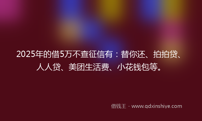 2025年的借5万不查征信有：替你还、拍拍贷、人人贷、美团生活费、小花钱包等。