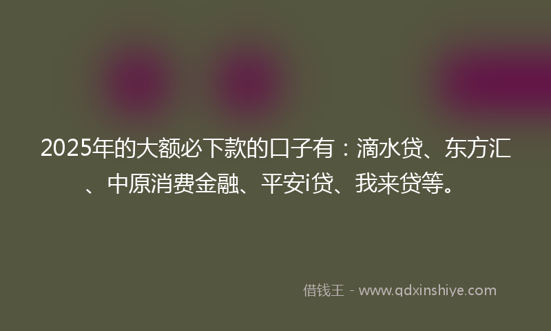 2025年的大额必下款的口子有：滴水贷、东方汇、中原消费金融、平安i贷、我来贷等。