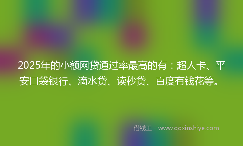 2025年的小额网贷通过率最高的有：超人卡、平安口袋银行、滴水贷、读秒贷、百度有钱花等。