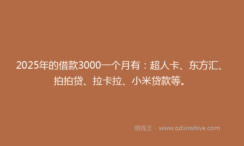 2025年的借款3000一个月有：超人卡、东方汇、拍拍贷、拉卡拉、小米贷款等。