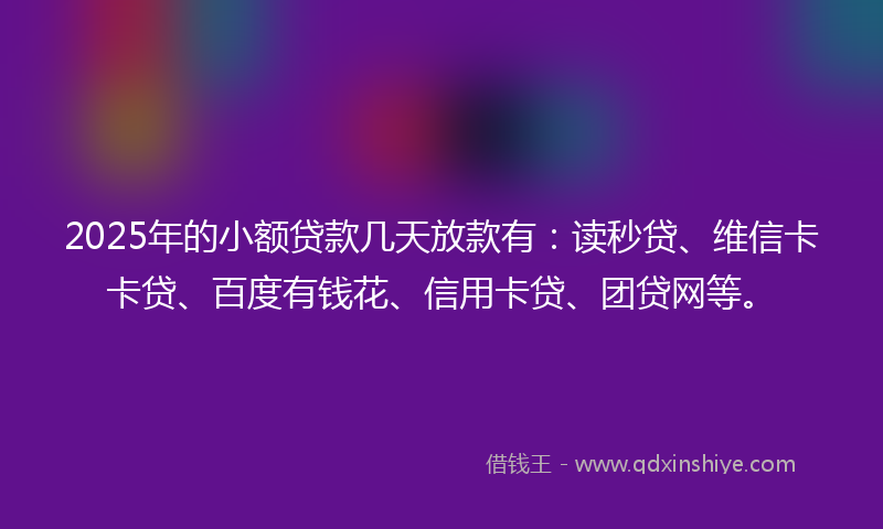 2025年的小额贷款几天放款有：读秒贷、维信卡卡贷、百度有钱花、信用卡贷、团贷网等。