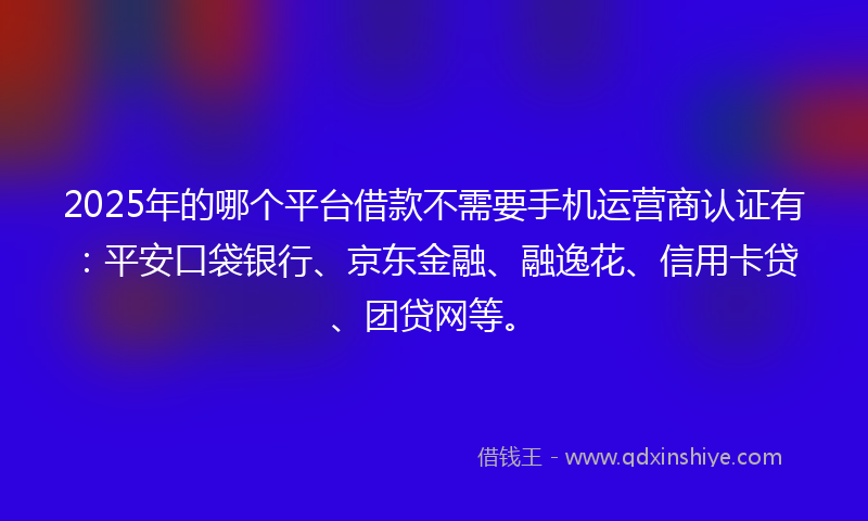2025年的哪个平台借款不需要手机运营商认证有：平安口袋银行、京东金融、融逸花、信用卡贷、团贷网等。