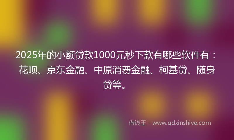 2025年的小额贷款1000元秒下款有哪些软件有：花呗、京东金融、中原消费金融、柯基贷、随身贷等。