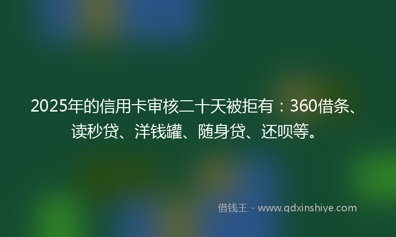 2025年的信用卡审核二十天被拒有：360借条、读秒贷、洋钱罐、随身贷、还呗等。