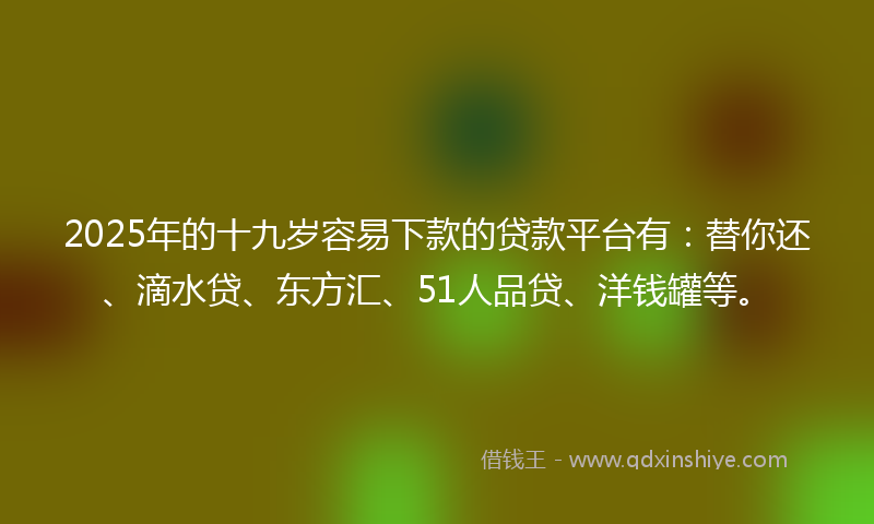 2025年的十九岁容易下款的贷款平台有：替你还、滴水贷、东方汇、51人品贷、洋钱罐等。