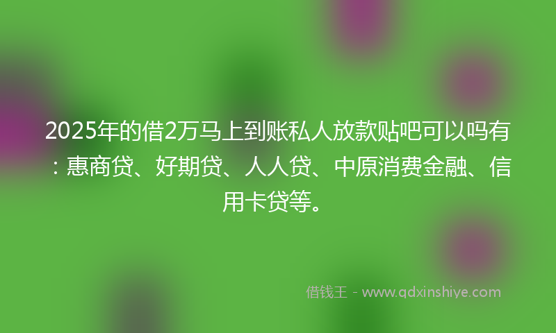 2025年的借2万马上到账私人放款贴吧可以吗有：惠商贷、好期贷、人人贷、中原消费金融、信用卡贷等。