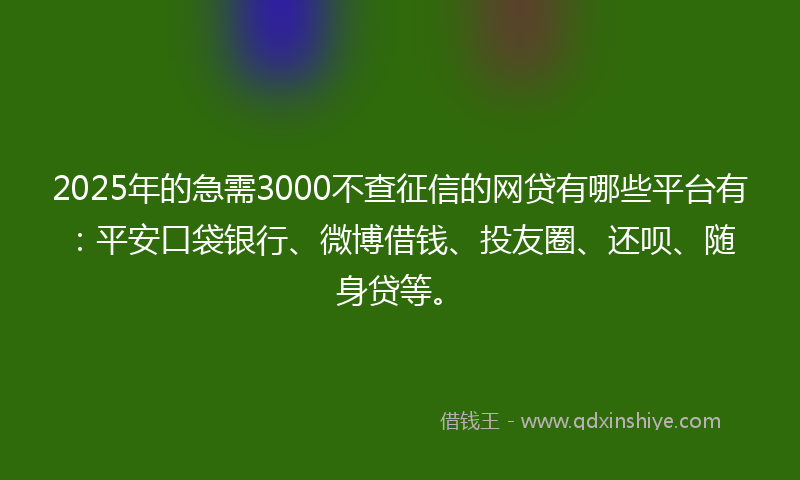 2025年的急需3000不查征信的网贷有哪些平台有：平安口袋银行、微博借钱、投友圈、还呗、随身贷等。