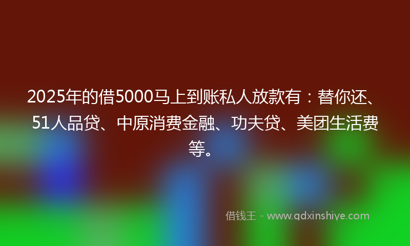2025年的借5000马上到账私人放款有：替你还、51人品贷、中原消费金融、功夫贷、美团生活费等。