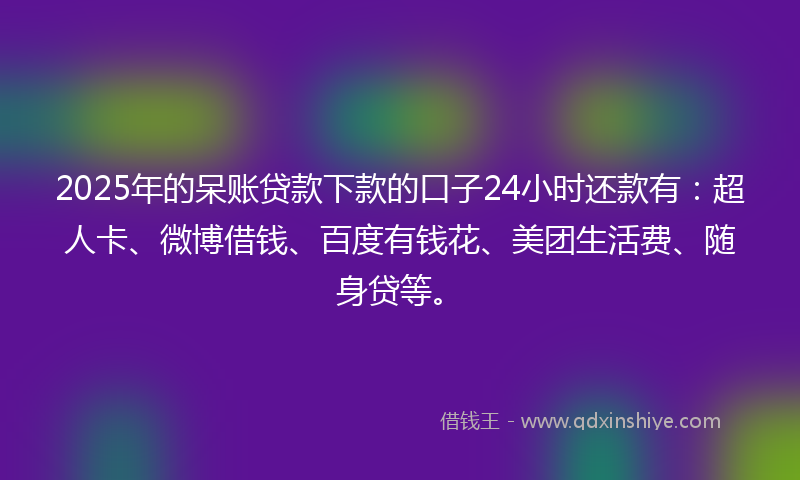 2025年的呆账贷款下款的口子24小时还款有：超人卡、微博借钱、百度有钱花、美团生活费、随身贷等。