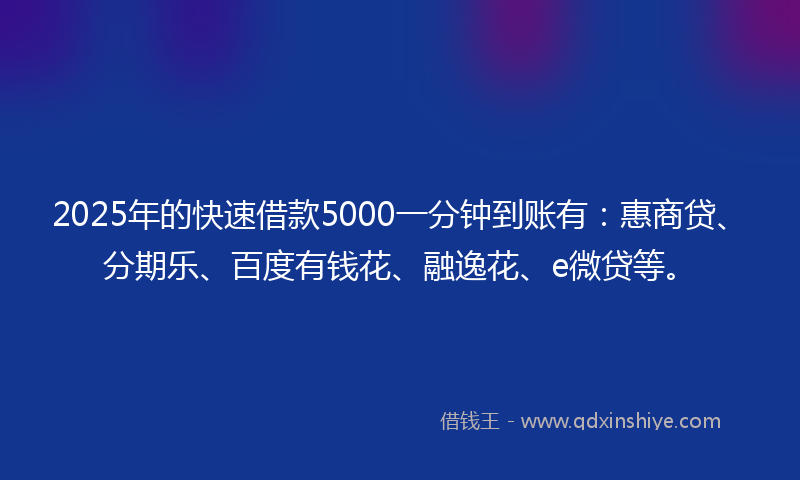 2025年的快速借款5000一分钟到账有：惠商贷、分期乐、百度有钱花、融逸花、e微贷等。