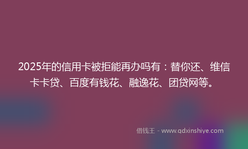 2025年的信用卡被拒能再办吗有：替你还、维信卡卡贷、百度有钱花、融逸花、团贷网等。