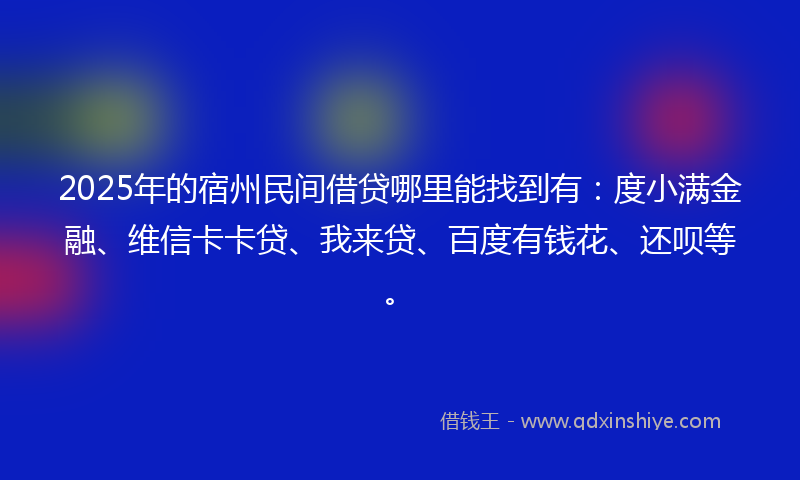 2025年的宿州民间借贷哪里能找到有：度小满金融、维信卡卡贷、我来贷、百度有钱花、还呗等。