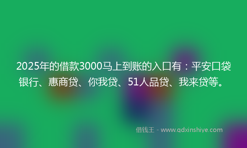2025年的借款3000马上到账的入口有：平安口袋银行、惠商贷、你我贷、51人品贷、我来贷等。