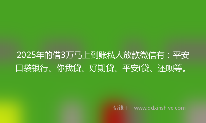 2025年的借3万马上到账私人放款微信有：平安口袋银行、你我贷、好期贷、平安i贷、还呗等。