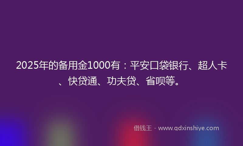 2025年的备用金1000有：平安口袋银行、超人卡、快贷通、功夫贷、省呗等。