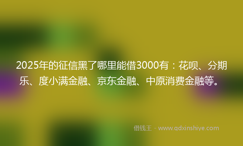 2025年的征信黑了哪里能借3000有：花呗、分期乐、度小满金融、京东金融、中原消费金融等。