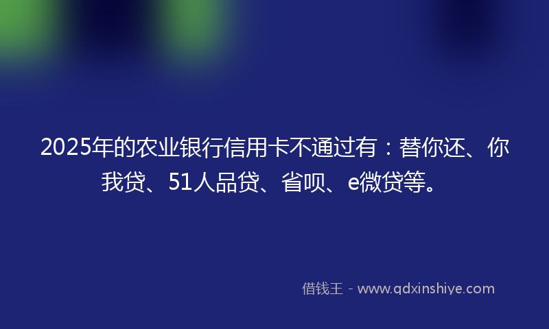 2025年的农业银行信用卡不通过有：替你还、你我贷、51人品贷、省呗、e微贷等。