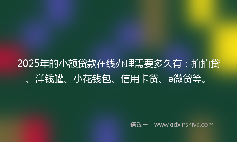 2025年的小额贷款在线办理需要多久有：拍拍贷、洋钱罐、小花钱包、信用卡贷、e微贷等。