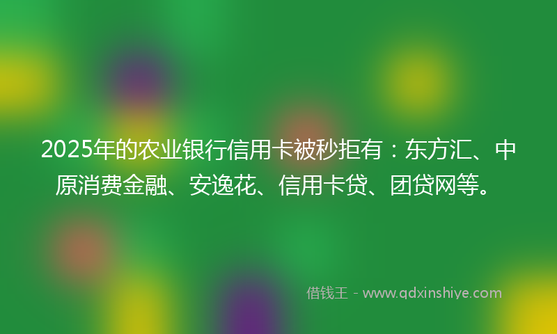 2025年的农业银行信用卡被秒拒有：东方汇、中原消费金融、安逸花、信用卡贷、团贷网等。