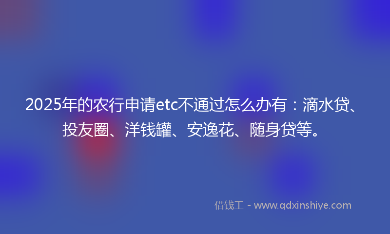 2025年的农行申请etc不通过怎么办有：滴水贷、投友圈、洋钱罐、安逸花、随身贷等。