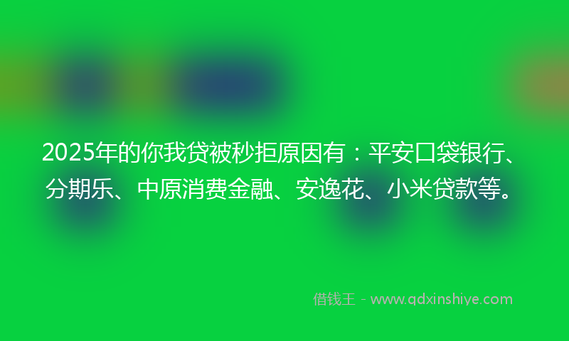 2025年的你我贷被秒拒原因有：平安口袋银行、分期乐、中原消费金融、安逸花、小米贷款等。