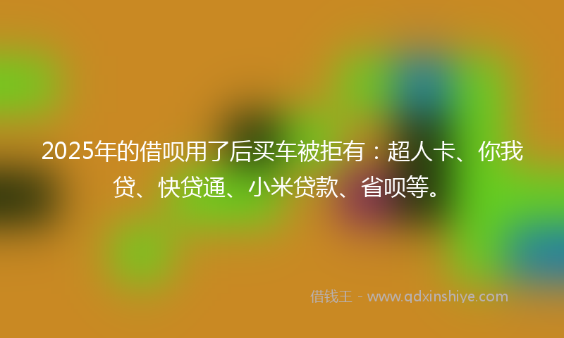 2025年的借呗用了后买车被拒有：超人卡、你我贷、快贷通、小米贷款、省呗等。