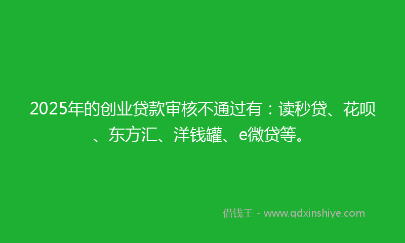 2025年的创业贷款审核不通过有：读秒贷、花呗、东方汇、洋钱罐、e微贷等。
