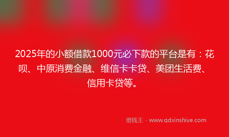 2025年的小额借款1000元必下款的平台是有：花呗、中原消费金融、维信卡卡贷、美团生活费、信用卡贷等。