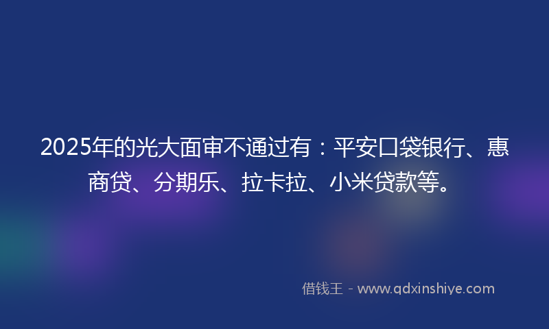 2025年的光大面审不通过有：平安口袋银行、惠商贷、分期乐、拉卡拉、小米贷款等。