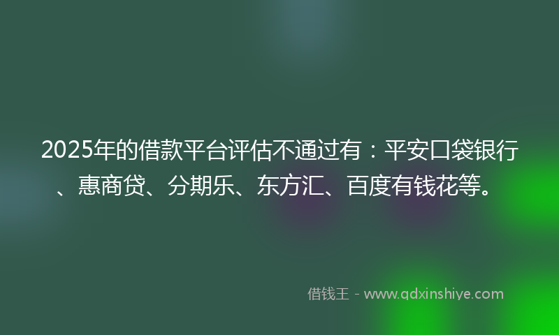 2025年的借款平台评估不通过有：平安口袋银行、惠商贷、分期乐、东方汇、百度有钱花等。