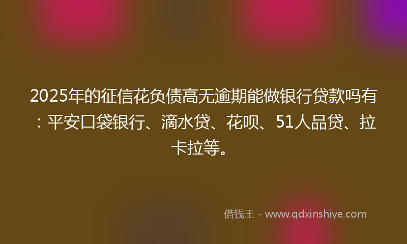 2025年的征信花负债高无逾期能做银行贷款吗有：平安口袋银行、滴水贷、花呗、51人品贷、拉卡拉等。