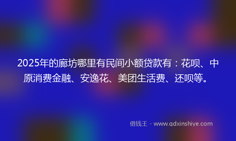 2025年的廊坊哪里有民间小额贷款有：花呗、中原消费金融、安逸花、美团生活费、还呗等。