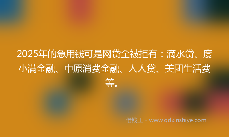2025年的急用钱可是网贷全被拒有：滴水贷、度小满金融、中原消费金融、人人贷、美团生活费等。