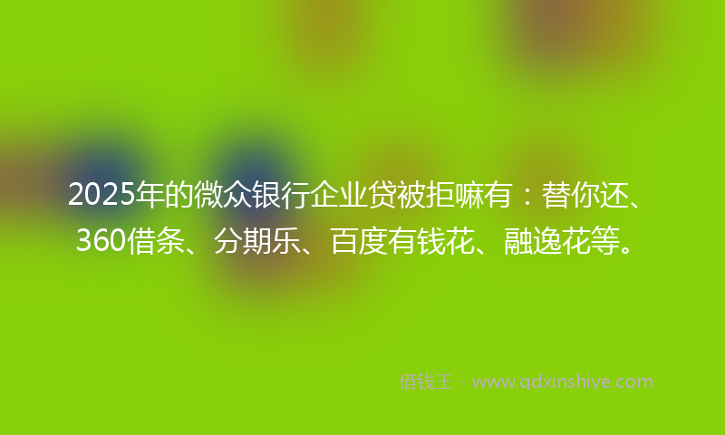 2025年的微众银行企业贷被拒嘛有：替你还、360借条、分期乐、百度有钱花、融逸花等。