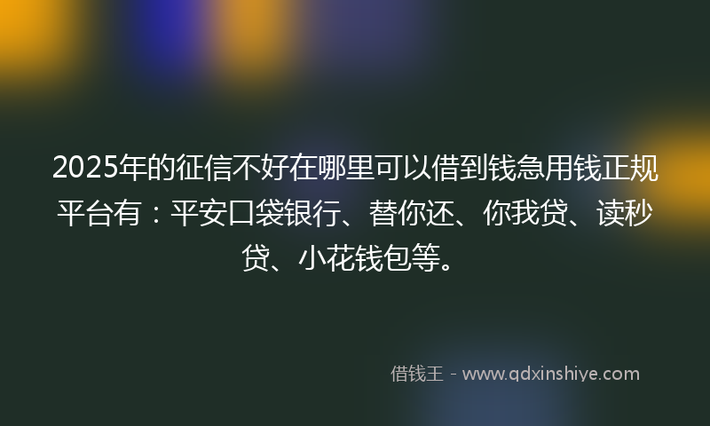 2025年的征信不好在哪里可以借到钱急用钱正规平台有：平安口袋银行、替你还、你我贷、读秒贷、小花钱包等。