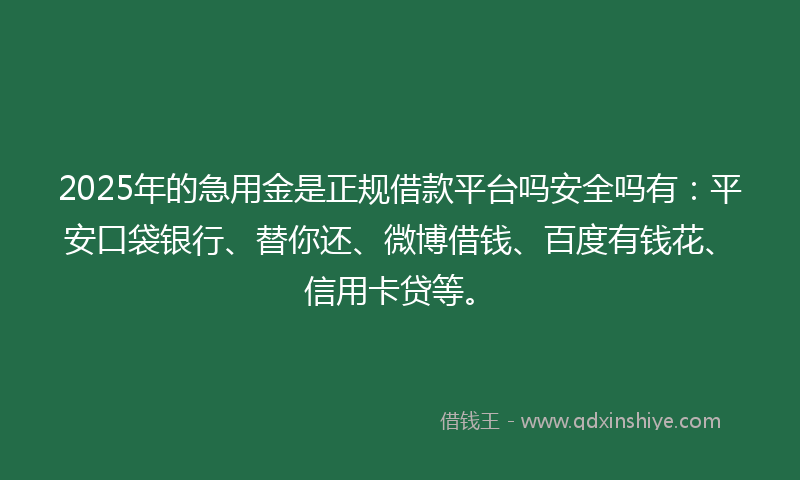 2025年的急用金是正规借款平台吗安全吗有：平安口袋银行、替你还、微博借钱、百度有钱花、信用卡贷等。
