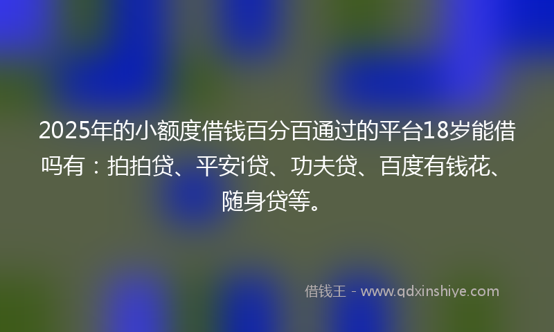 2025年的小额度借钱百分百通过的平台18岁能借吗有：拍拍贷、平安i贷、功夫贷、百度有钱花、随身贷等。