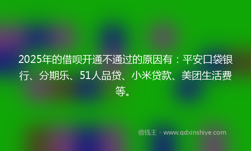 2025年的借呗开通不通过的原因有：平安口袋银行、分期乐、51人品贷、小米贷款、美团生活费等。