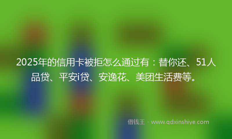2025年的信用卡被拒怎么通过有：替你还、51人品贷、平安i贷、安逸花、美团生活费等。