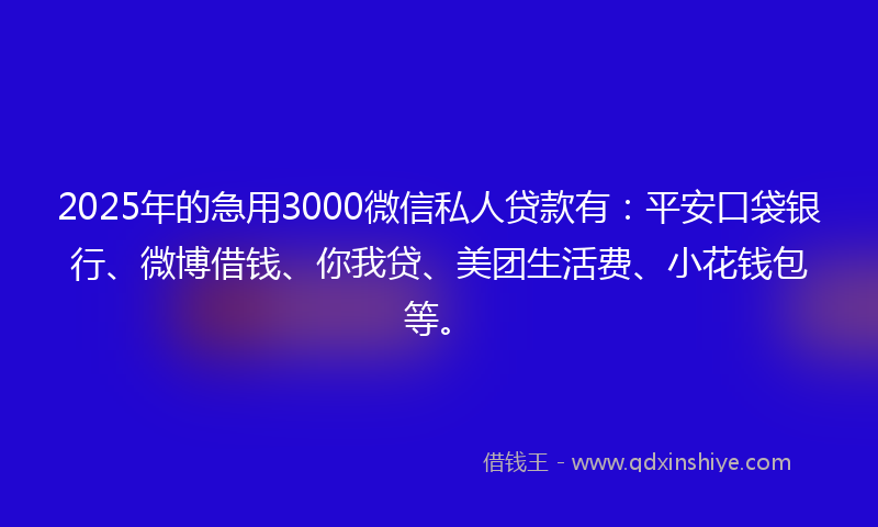 2025年的急用3000微信私人贷款有：平安口袋银行、微博借钱、你我贷、美团生活费、小花钱包等。