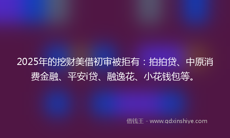 2025年的挖财美借初审被拒有：拍拍贷、中原消费金融、平安i贷、融逸花、小花钱包等。