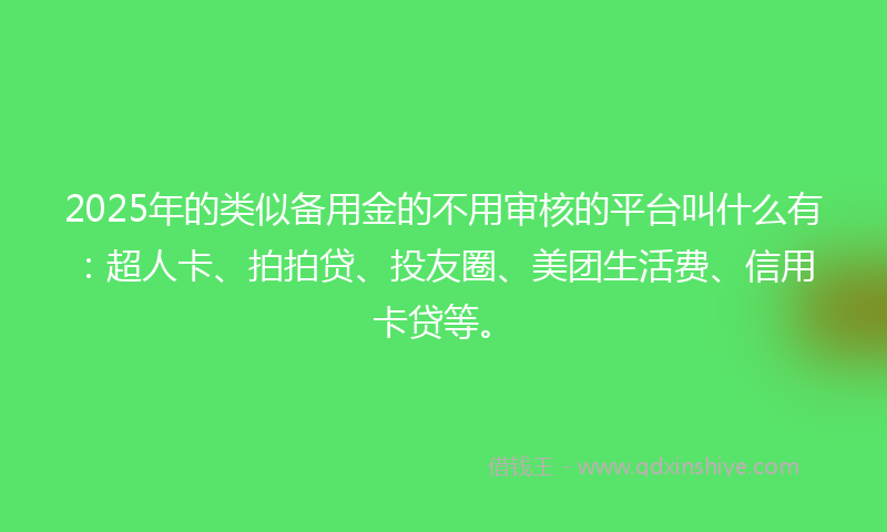 2025年的类似备用金的不用审核的平台叫什么有：超人卡、拍拍贷、投友圈、美团生活费、信用卡贷等。
