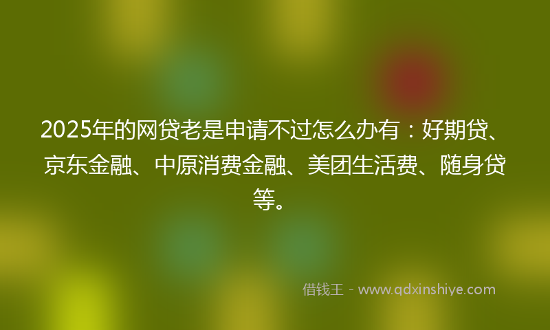 2025年的网贷老是申请不过怎么办有：好期贷、京东金融、中原消费金融、美团生活费、随身贷等。