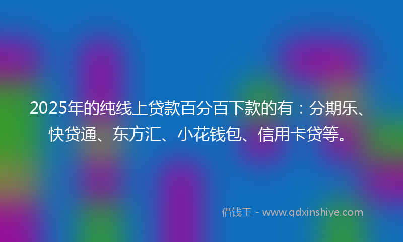 2025年的纯线上贷款百分百下款的有：分期乐、快贷通、东方汇、小花钱包、信用卡贷等。