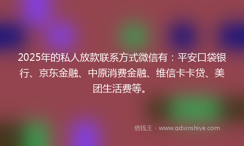 2025年的私人放款联系方式微信有：平安口袋银行、京东金融、中原消费金融、维信卡卡贷、美团生活费等。