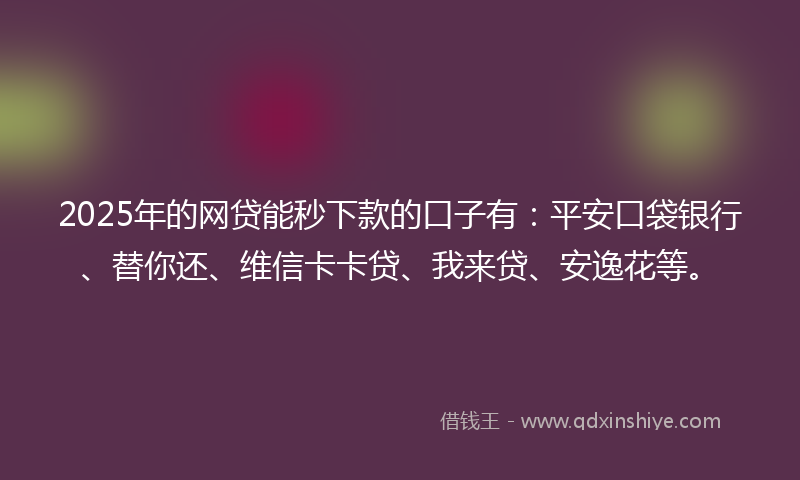 2025年的网贷能秒下款的口子有：平安口袋银行、替你还、维信卡卡贷、我来贷、安逸花等。